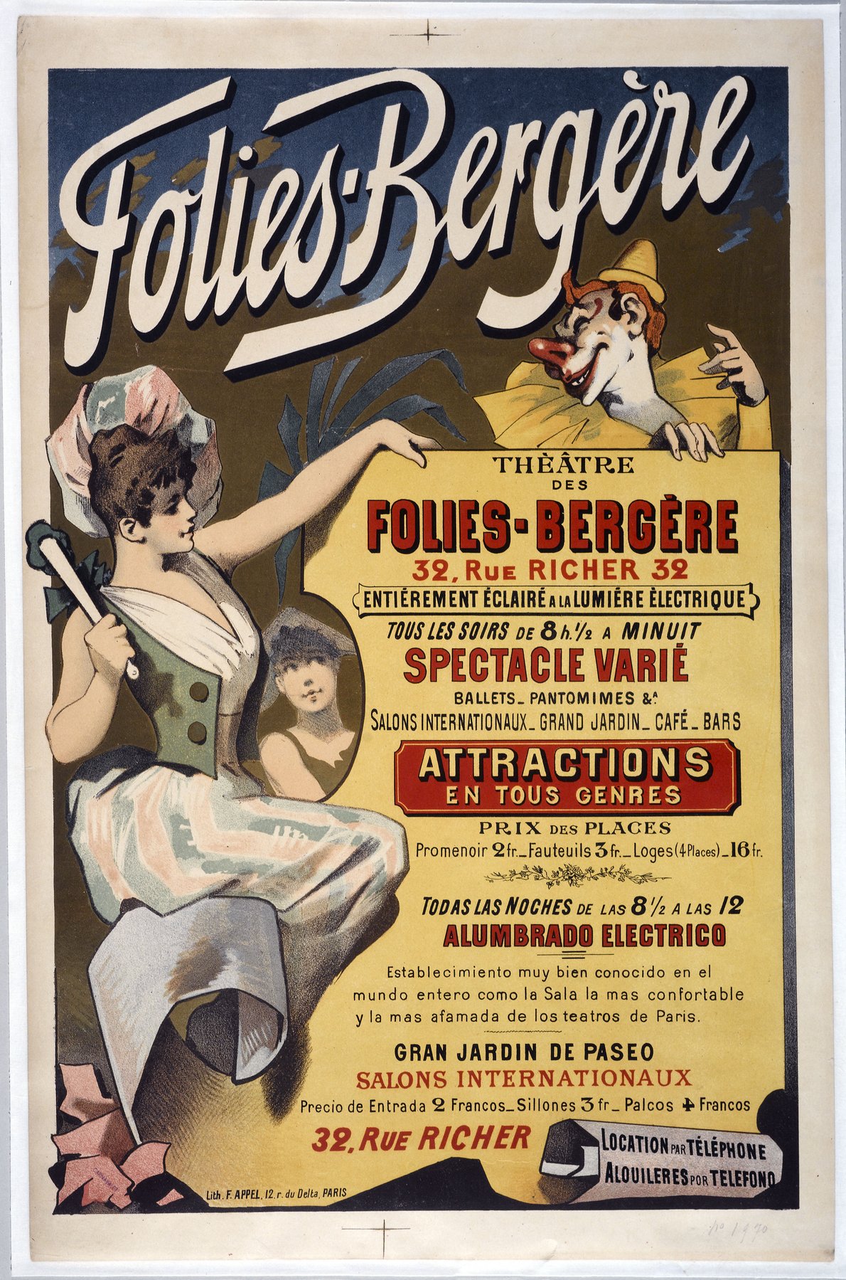 Folies-Bergere poster from 1880s Paris, announcing the music hall fully lit by electric light