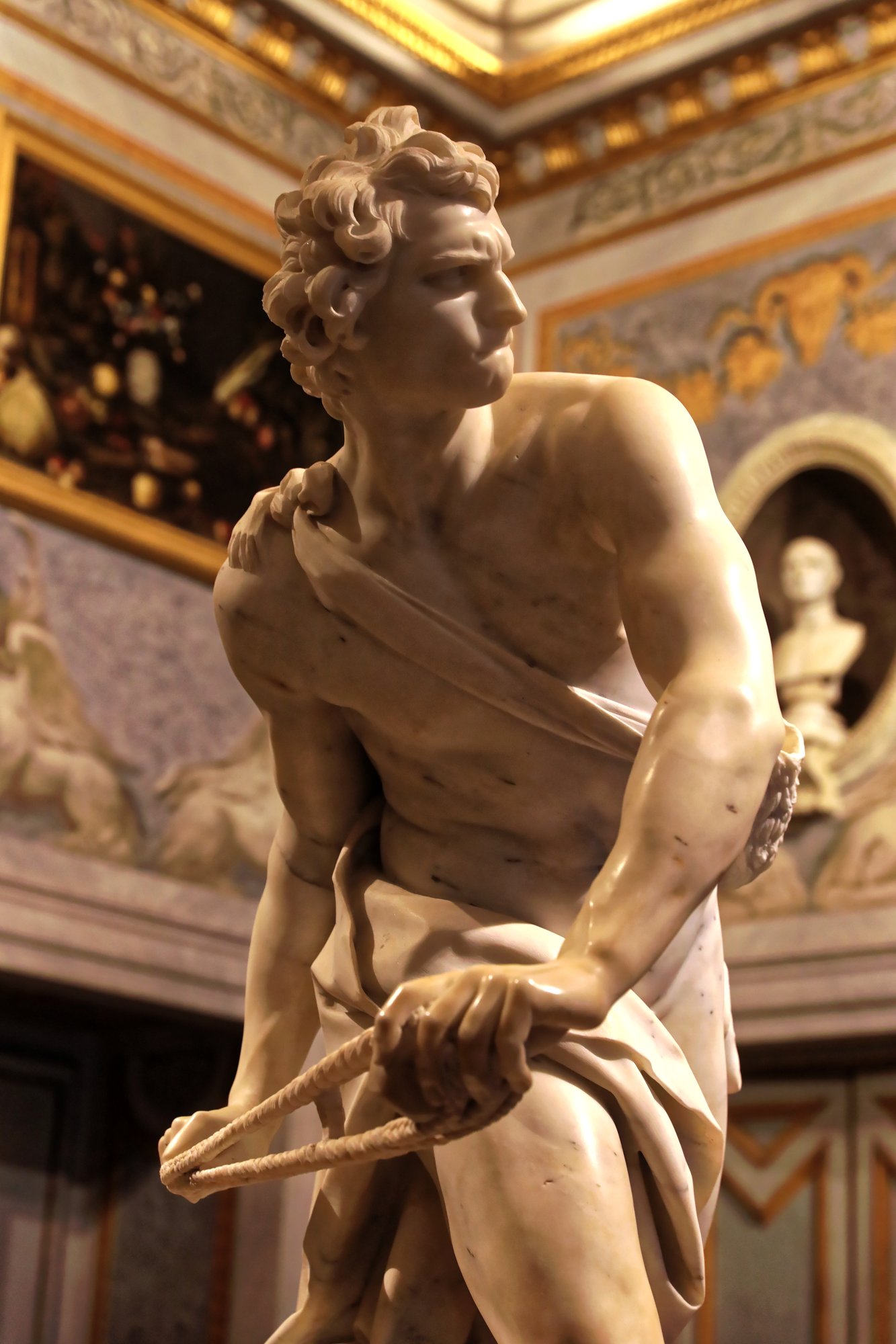 Profile of Bernini's David, Galleria Borghese, Rome, showing the bitten lip and concentrated expression