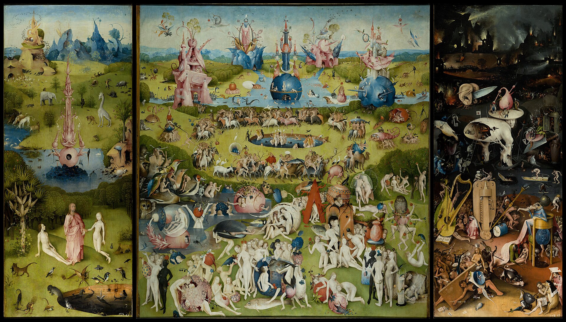 Hieronymus Bosch, The Garden of Earthly Delights (c. 1490-1500), open triptych, Museo del Prado, Madrid