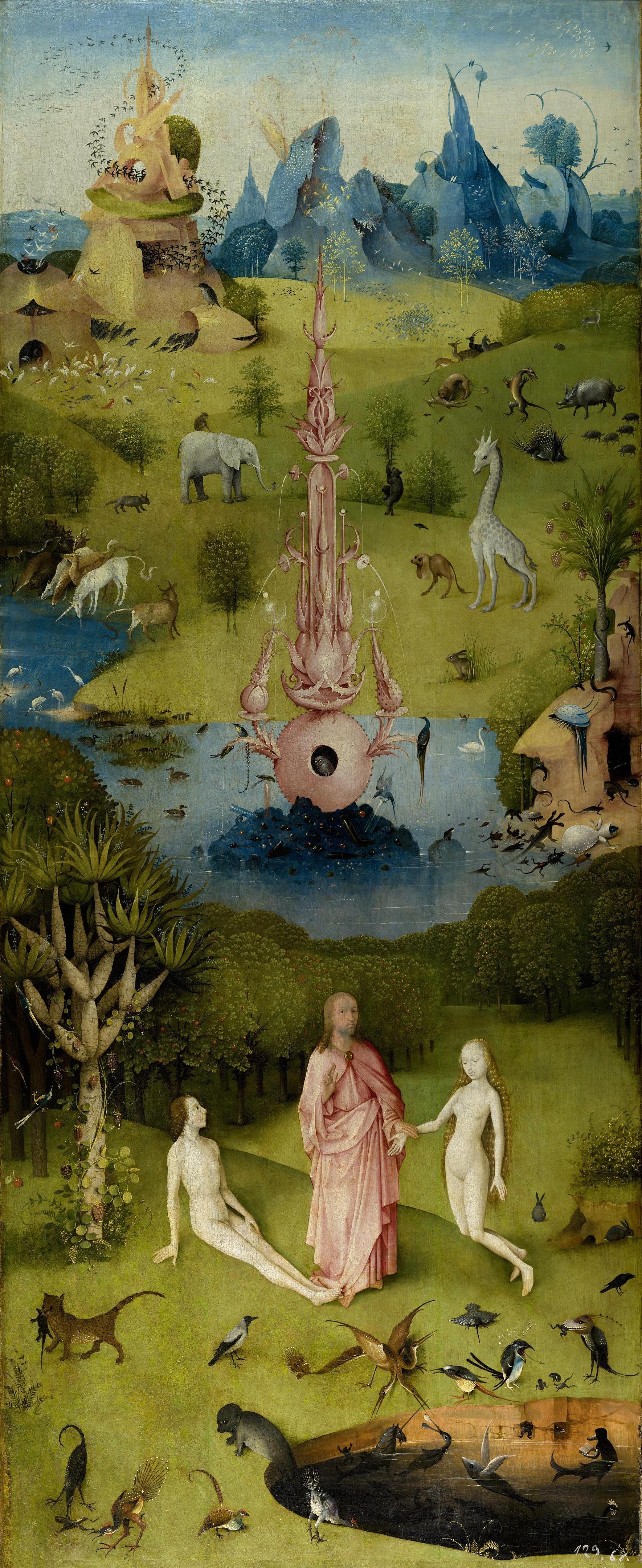 Left panel of the Garden of Earthly Delights, the Garden of Eden with God presenting Eve to Adam, Museo del Prado