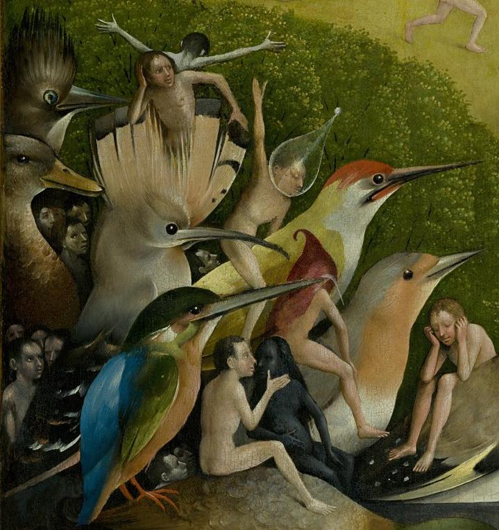 Detail of the central panel of the Garden of Earthly Delights, naked figures with oversized fruit and birds, Museo del Prado