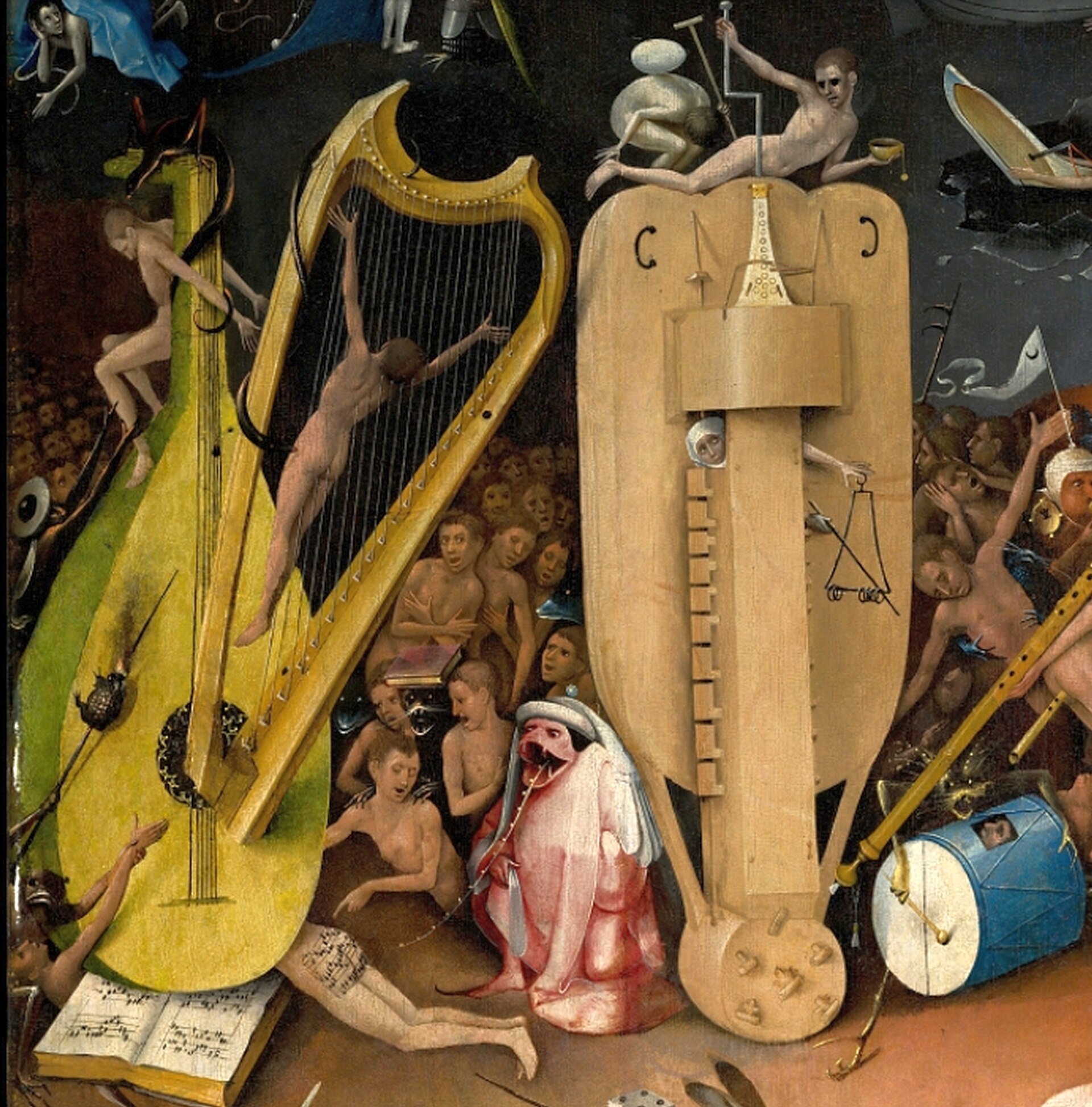 Detail of the hell panel, the musical instruments of torment, in the Garden of Earthly Delights, Museo del Prado