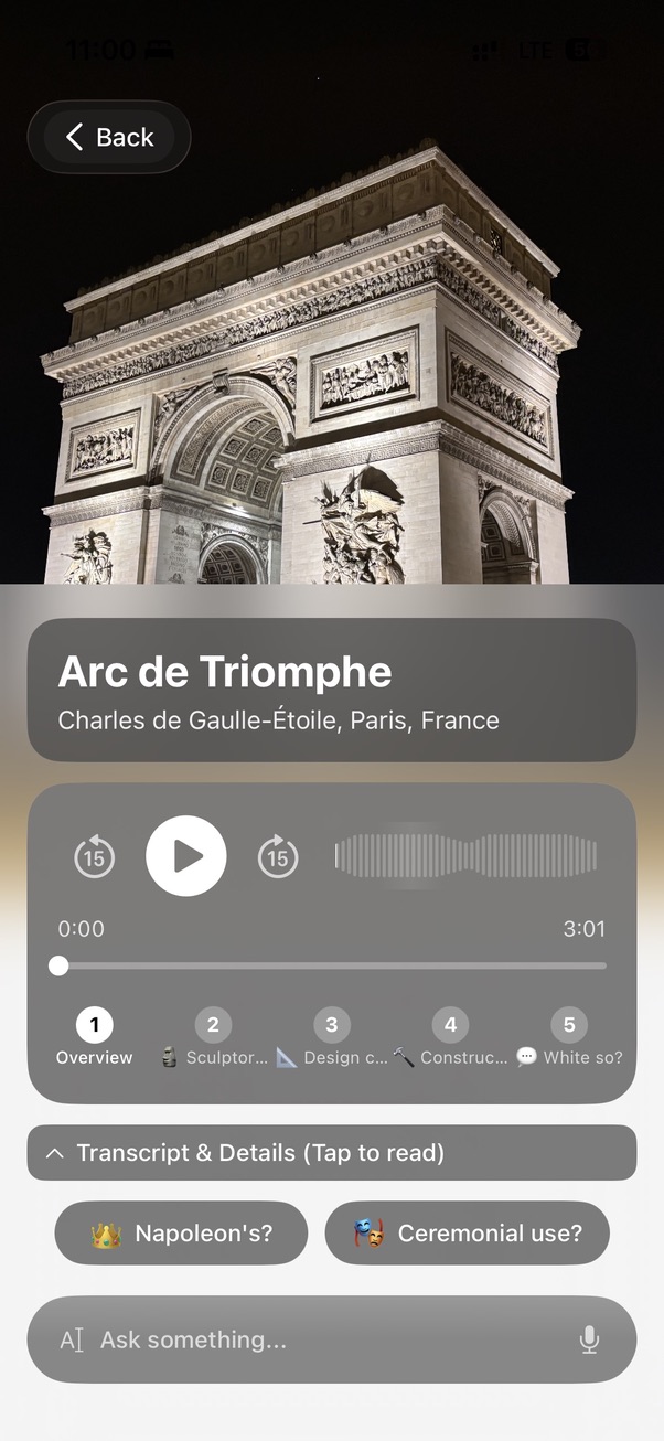 Chiaro audio guide playing on the Arc de Triomphe in Paris, showing five chapter tabs — Overview, Sculptor, Design, Construction, Why white — with follow-up buttons below.