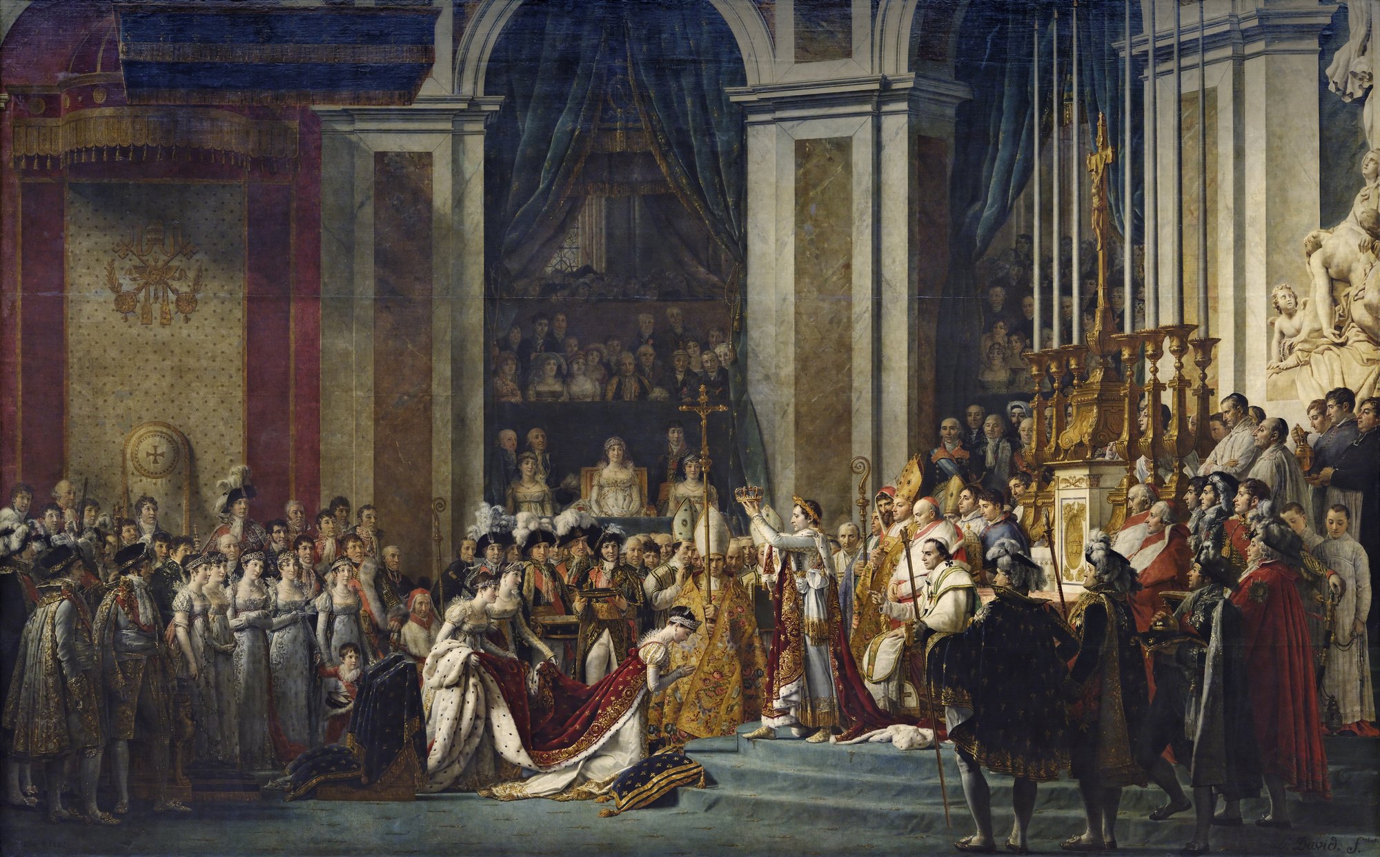 A vast painted interior of Notre-Dame with a crowd in court dress around a man in a laurel wreath raising a crown over a kneeling woman, a seated pope behind him and a gilded altar on the right.