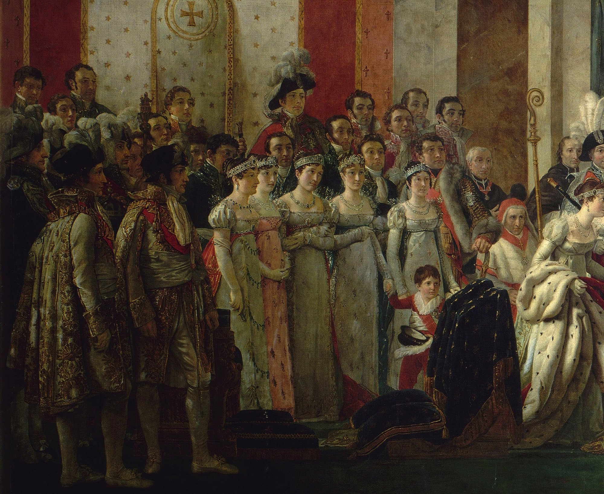 Detail of the Versailles replica's left side: two men in gold-embroidered cloaks, then a row of women in white court dresses, the second of whom wears a pink dress, and a small boy in red.