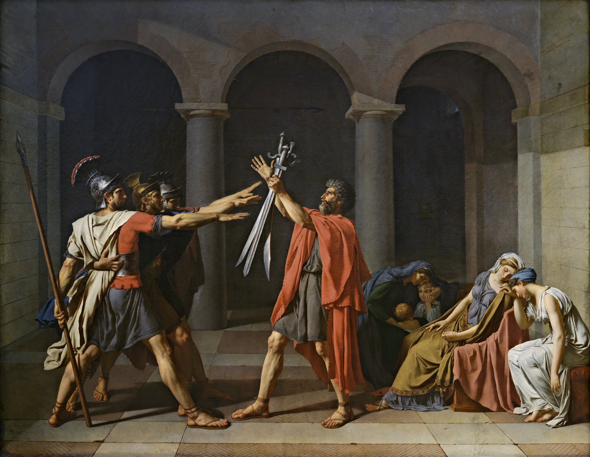 Three Roman brothers in helmets stretch their arms toward three swords held up by their father, while women and children collapse in grief on the right, under a row of dark arches.