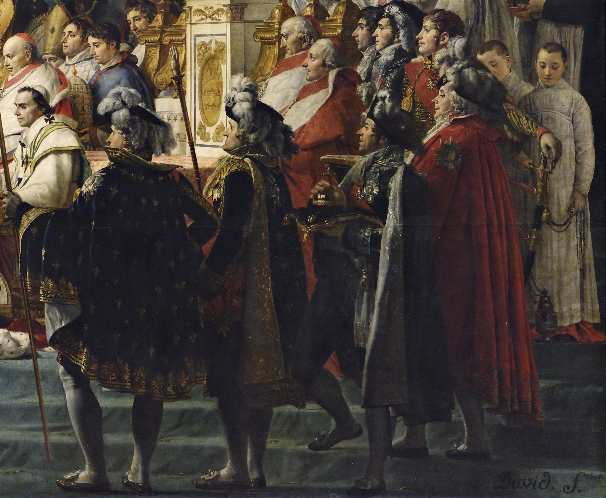 Detail of the right foreground: dignitaries in plumed caps and embroidered mantles seen from behind and in profile, one carrying an orb on a cushion, a man in a long red cloak, cardinals in red behind them and a choirboy holding a censer.