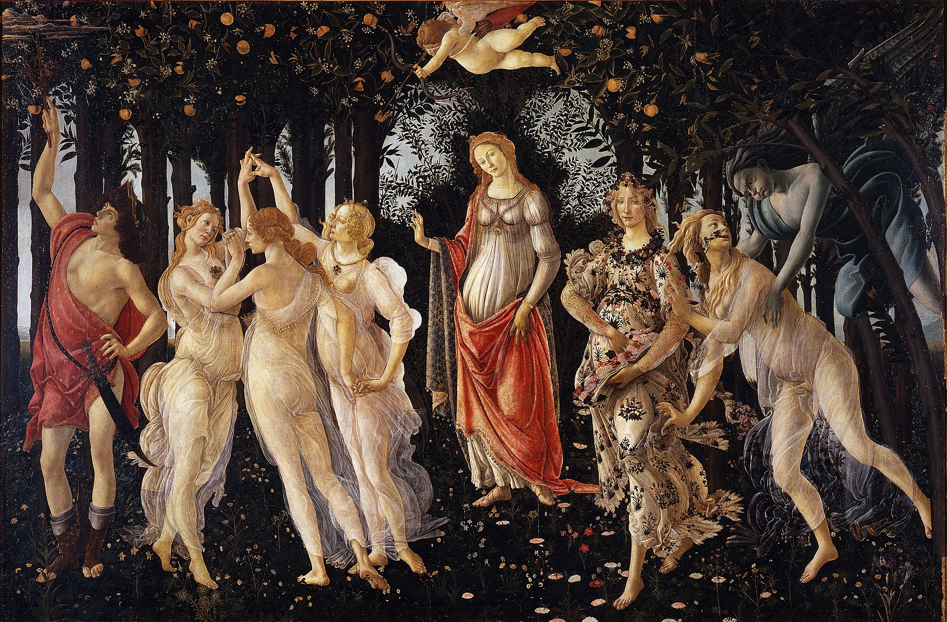 Sandro Botticelli's La Primavera, around 1482, with all nine figures arranged across the orange grove — Mercury on the far left, the Three Graces, Venus at the center under a blindfolded Cupid, Flora, Chloris, and Zephyr on the right.