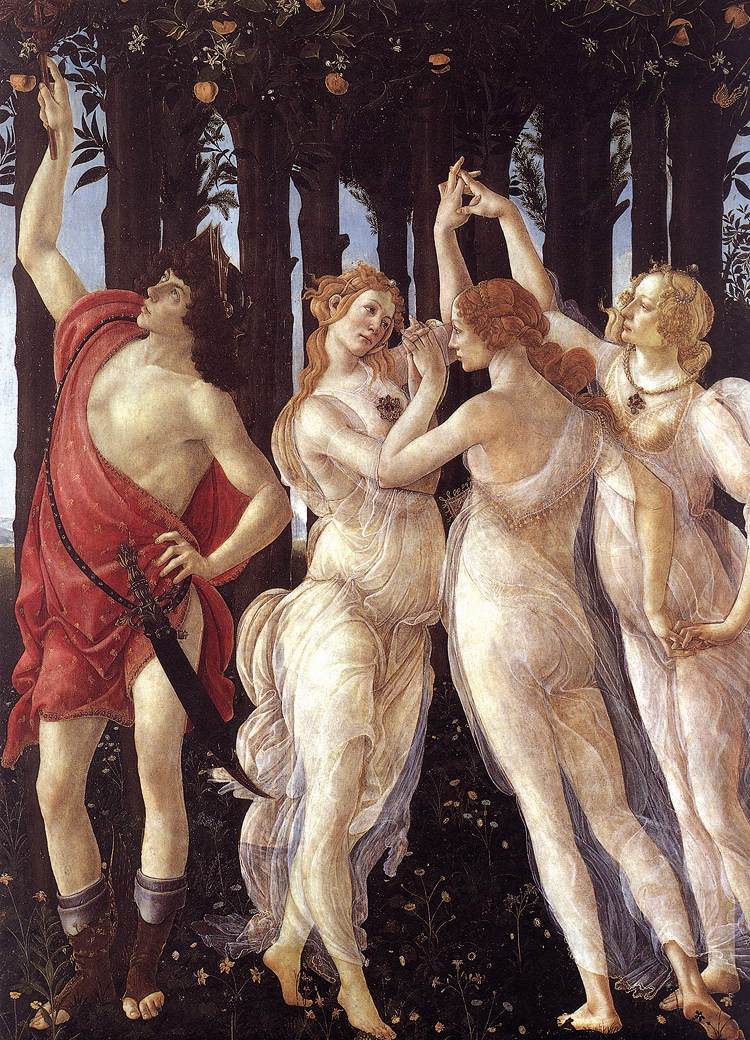 Detail of Mercury on the far left of Primavera: a young man in a red cape and golden helmet, his caduceus raised toward small dark clouds in the orange canopy.