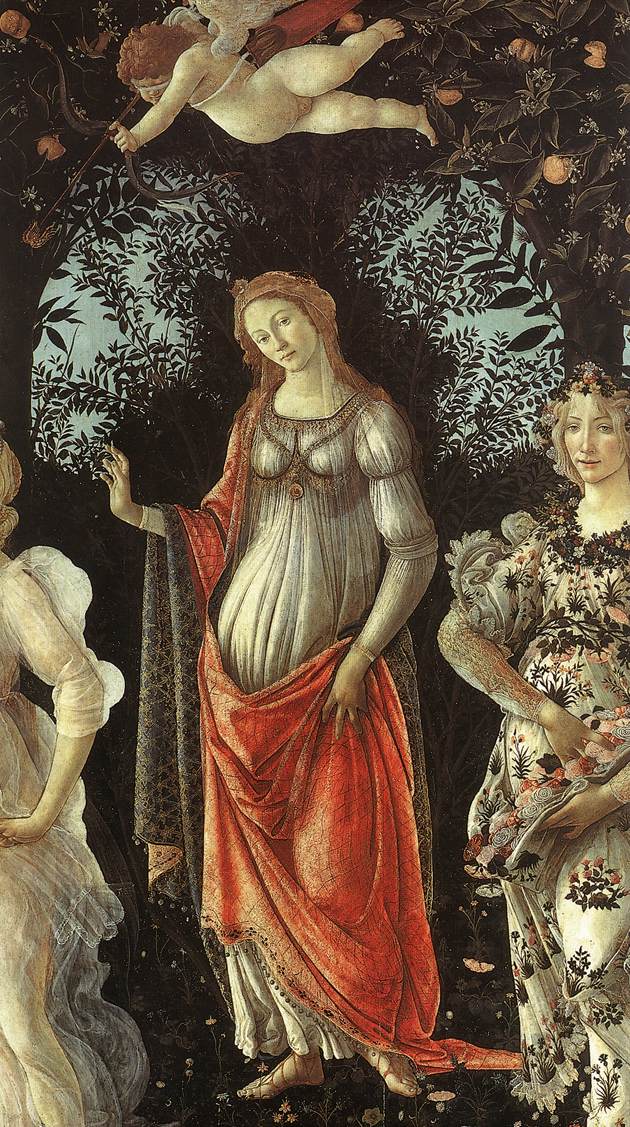 Detail of the Three Graces in Primavera: three young women in transparent white gowns, hand in hand, in a circle, with translucent veils trailing behind them.