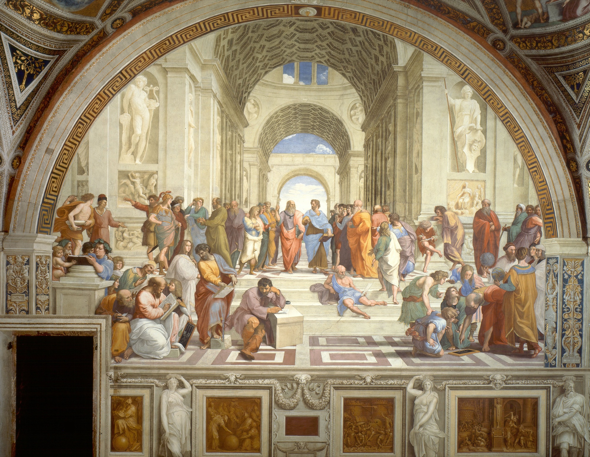 Detail from The School of Athens, Raphael's fresco in the Stanza della Segnatura, showing Plato and Aristotle at the center beneath a vast classical vault.