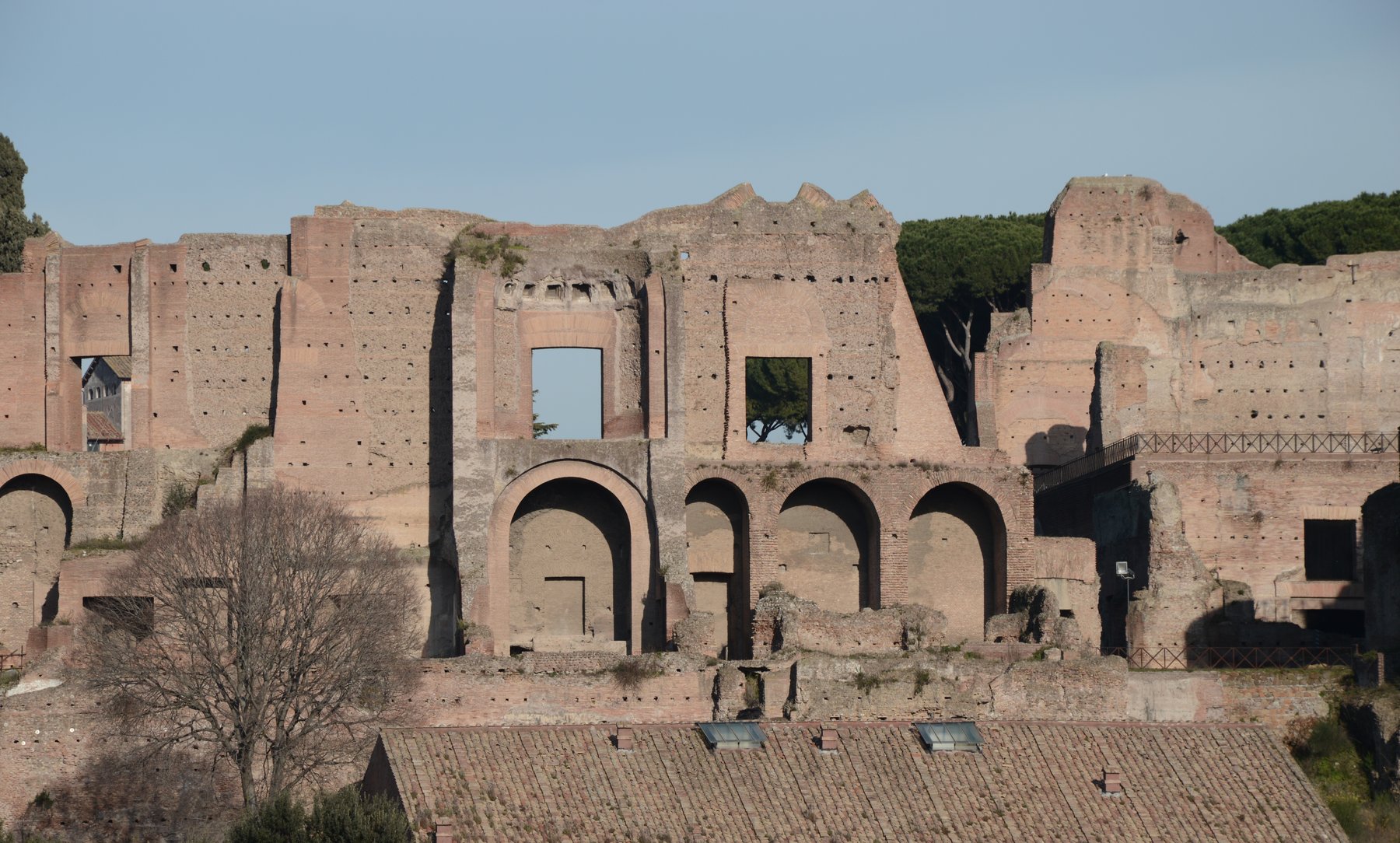 The ruins of the Domus Augustana on the Palatine Hill, with arched brick chambers and broken columns from the imperial palace complex, set against a backdrop of green parkland and pine trees.