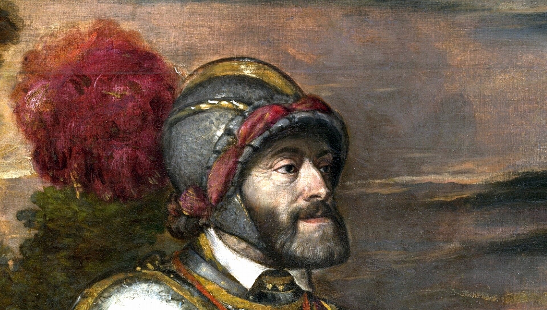 Detail of Charles V's face in Titian's Equestrian Portrait, showing the emperor's Habsburg jaw and weary expression, Museo del Prado