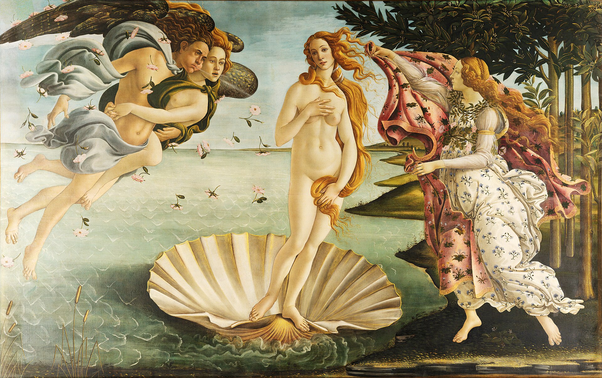 Sandro Botticelli's The Birth of Venus, around 1485, the canvas-on-tempera painting now in the Botticelli rooms of the Uffizi, with the goddess on her scallop shell at the center.