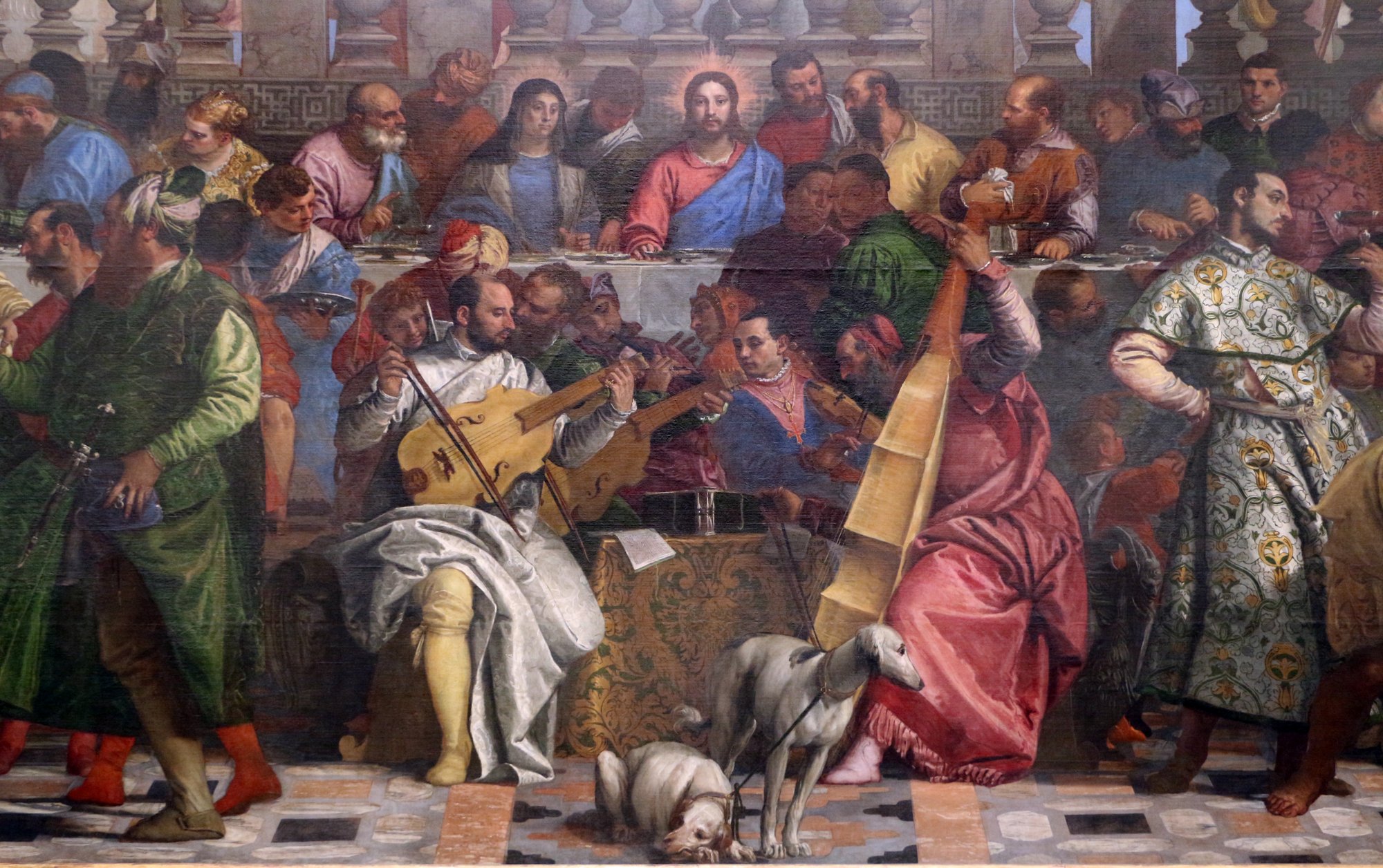 Detail of the four musicians in the foreground of the Wedding at Cana, traditionally identified as Veronese, Titian, Bassano, and Tintoretto
