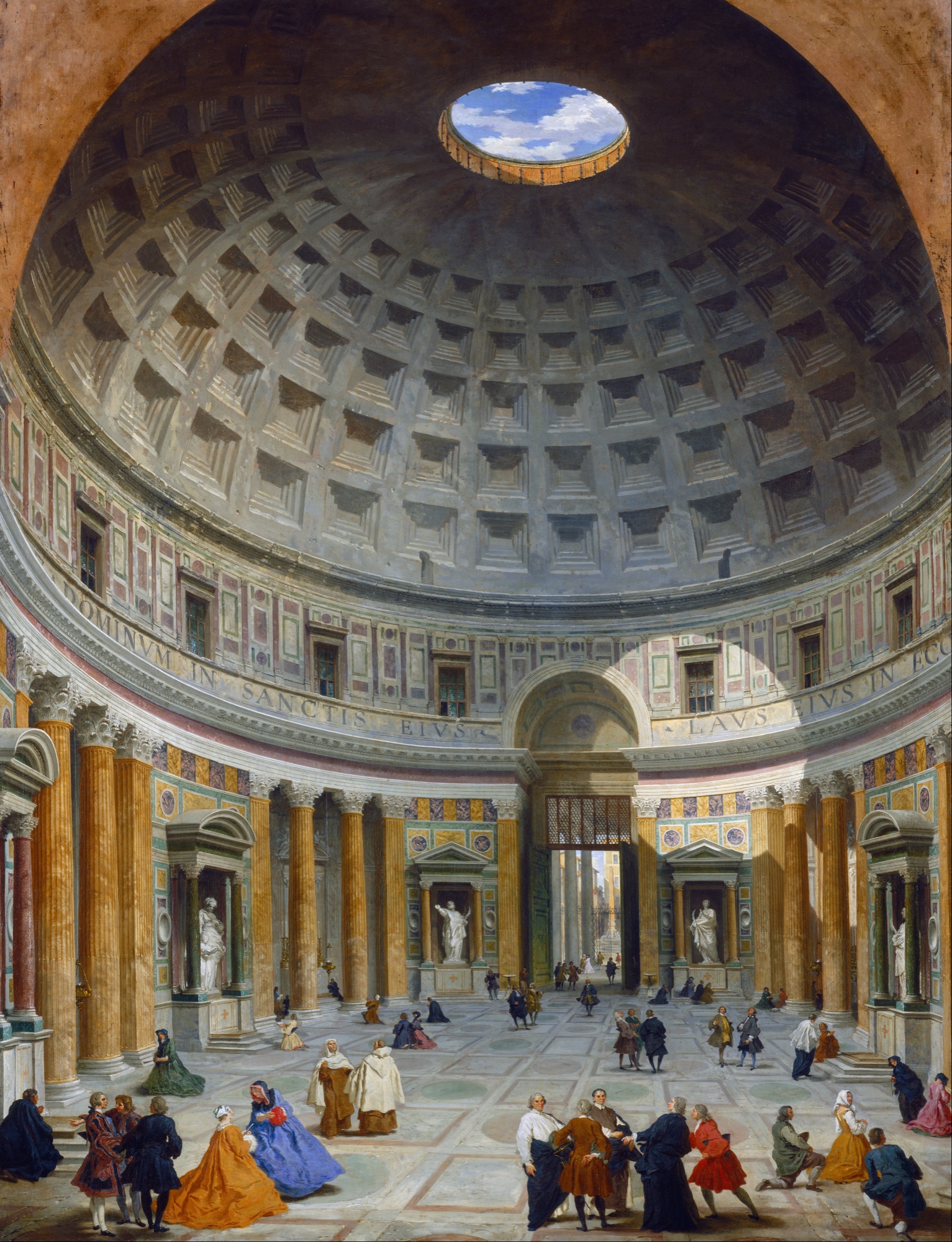 Giovanni Paolo Panini's eighteenth-century painting of the Pantheon's interior, with the bronze inscription visible across the top of the entrance wall and tiny figures standing beneath the dome.